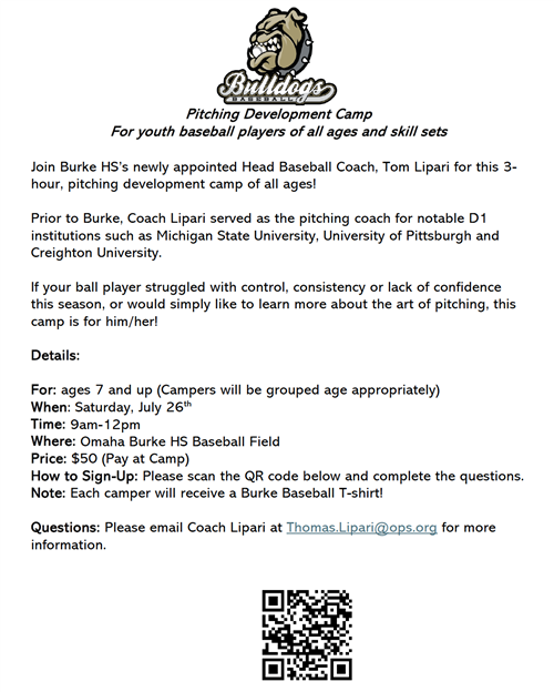 Join Burke HS’s newly appointed Head Baseball Coach, Tom Lipari for this 3- hour, pitching development camp of all ages!
